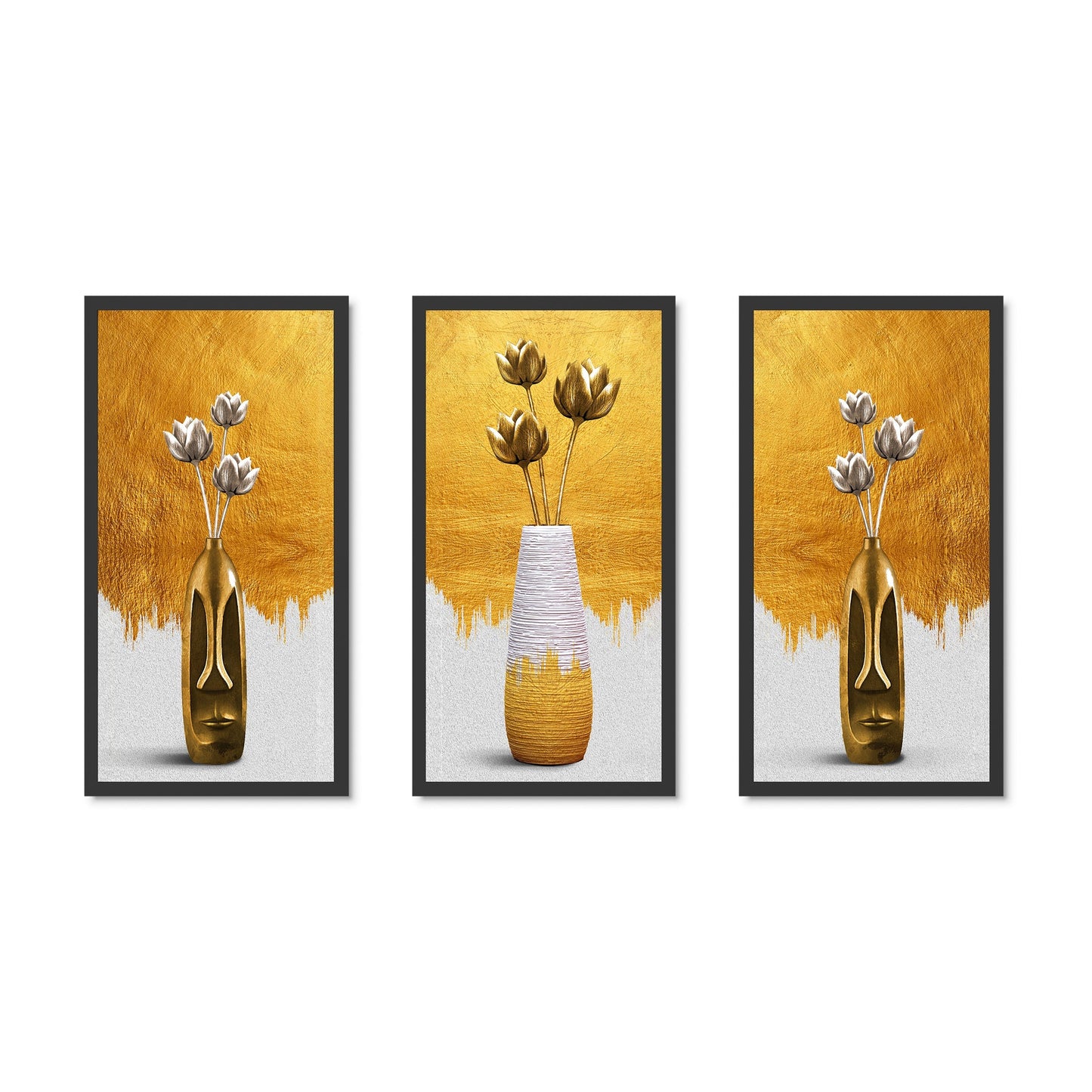 Gold Flower Vase Triptych Canvas Art