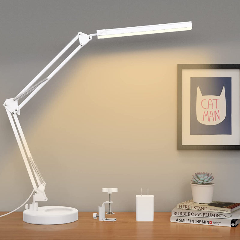 LED Desk Lamp with Clamp And Round Base, Eye Caring Table Lamp With Swing Arm, 3 Color Modes 10 Brightness Levels, Memory Function Bedside Lamp, White Desk Light For Home Office With USB Adapter