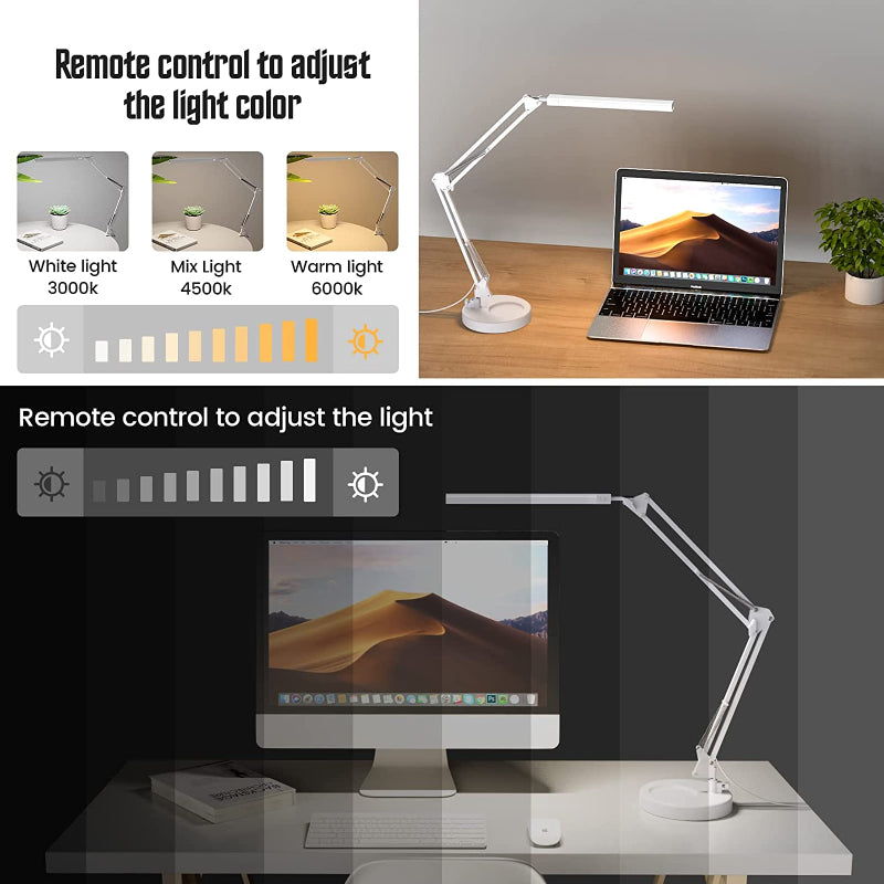 LED Desk Lamp with Clamp And Round Base, Eye Caring Table Lamp With Swing Arm, 3 Color Modes 10 Brightness Levels, Memory Function Bedside Lamp, White Desk Light For Home Office With USB Adapter