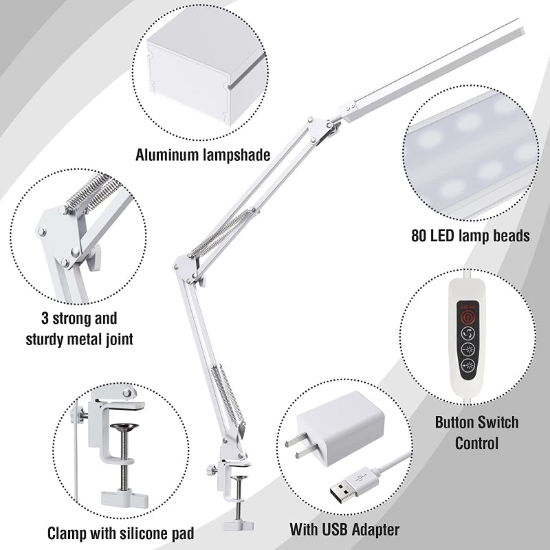 LED Desk Lamp with Clamp And Round Base, Eye Caring Table Lamp With Swing Arm, 3 Color Modes 10 Brightness Levels, Memory Function Bedside Lamp, White Desk Light For Home Office With USB Adapter