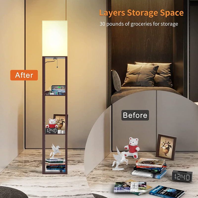 Floor Lamp With Shelves, Shelf Floor Lamps By Real Solid Wood With 2 Charging Ports And 1 Power Outlet, Floor Lamps For Bedrooms, Lamps For Living Room