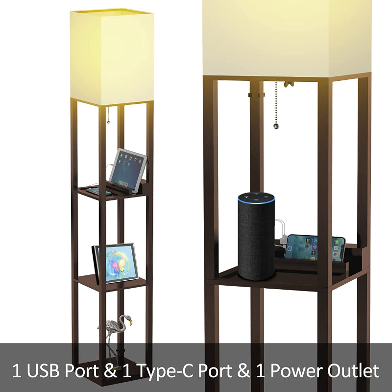 Floor Lamp With Shelves, Shelf Floor Lamps By Real Solid Wood With 2 Charging Ports And 1 Power Outlet, Floor Lamps For Bedrooms, Lamps For Living Room