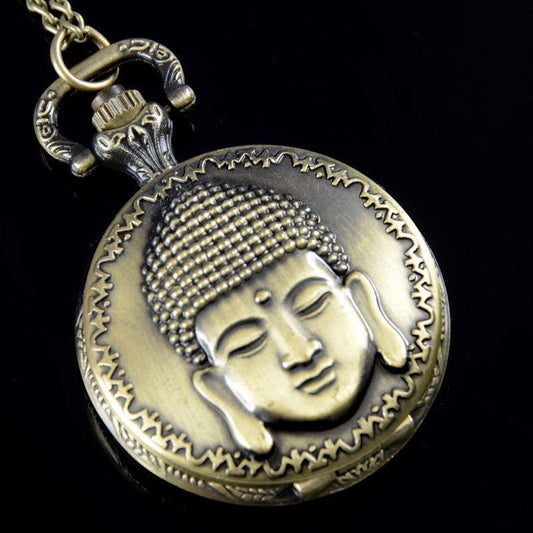 VINTAGE BRONZE BUDDHA POCKET WATCH NECKLACE