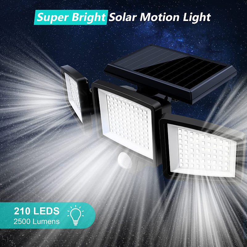 Solar Outdoor Lights 2500LM 210 LED Security Lights with Remote Control,3 Heads Motion Sensor Lights, IP65 Waterproof,270° Wide Angle Flood Wall Lights with 3 Modes