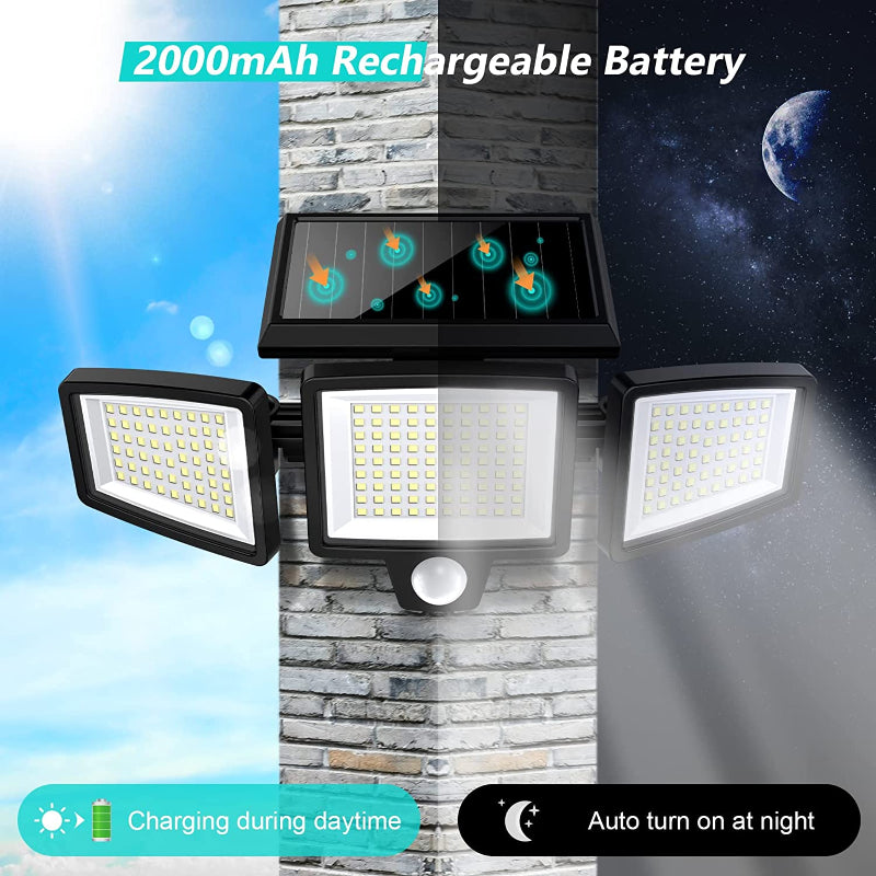 Solar Outdoor Lights 2500LM 210 LED Security Lights with Remote Control,3 Heads Motion Sensor Lights, IP65 Waterproof,270° Wide Angle Flood Wall Lights with 3 Modes