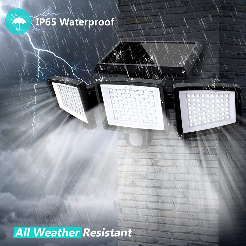 Solar Outdoor Lights 2500LM 210 LED Security Lights with Remote Control,3 Heads Motion Sensor Lights, IP65 Waterproof,270° Wide Angle Flood Wall Lights with 3 Modes