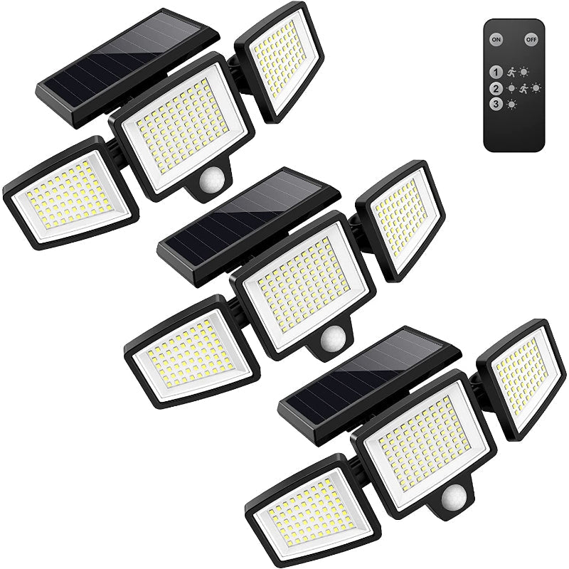 Solar Outdoor Lights 2500LM 210 LED Security Lights with Remote Control,3 Heads Motion Sensor Lights, IP65 Waterproof,270° Wide Angle Flood Wall Lights with 3 Modes