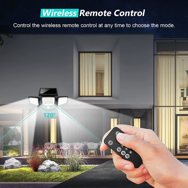 Solar Outdoor Lights 2500LM 210 LED Security Lights with Remote Control,3 Heads Motion Sensor Lights, IP65 Waterproof,270° Wide Angle Flood Wall Lights with 3 Modes