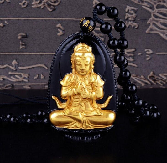 18K GOLD PLATED CARVED BUDDHA ON BLACK OBSIDIAN STONE WITH BEADS NECKLACES. 4 OPTIONS