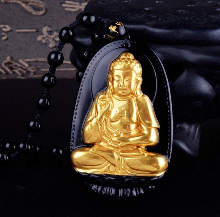 18K GOLD PLATED CARVED BUDDHA ON BLACK OBSIDIAN STONE WITH BEADS NECKLACES. 4 OPTIONS