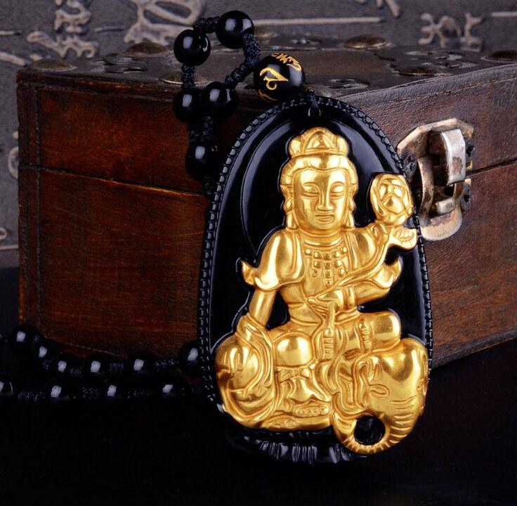 18K GOLD PLATED CARVED BUDDHA ON BLACK OBSIDIAN STONE WITH BEADS NECKLACES. 4 OPTIONS