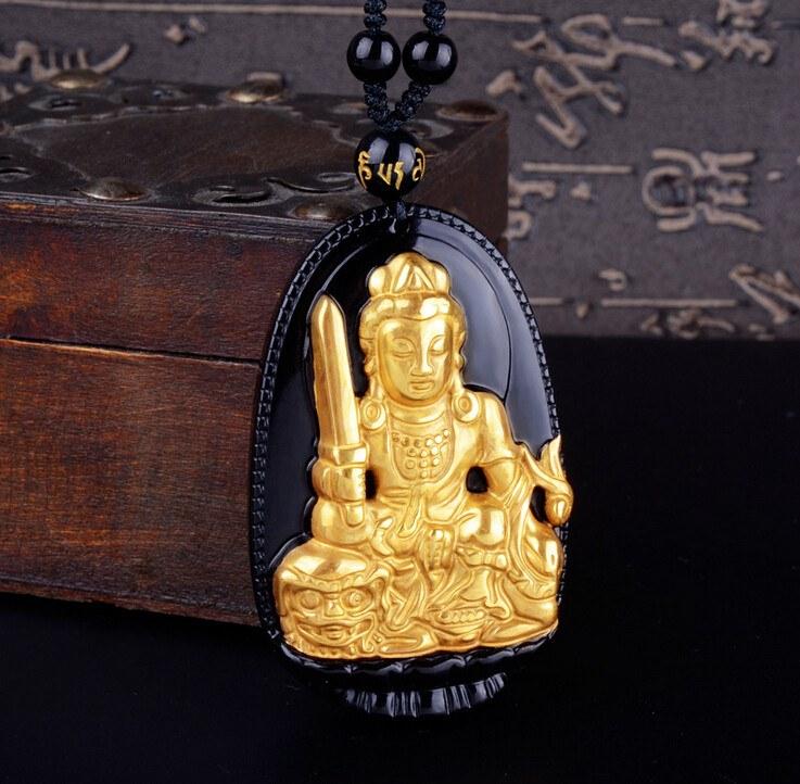 18K GOLD PLATED CARVED BUDDHA ON BLACK OBSIDIAN STONE WITH BEADS NECKLACES. 4 OPTIONS
