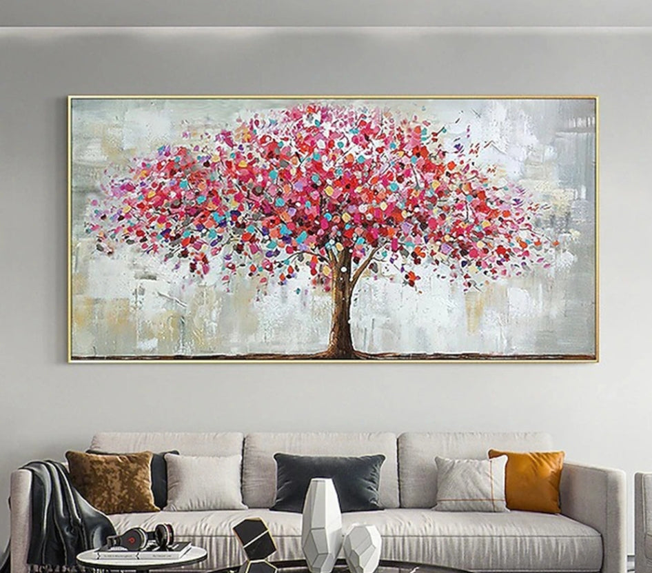 Tree Pink Abstract Hand Painted Wall Decor Art Poster Ocean Seaside Thick Gray And Black Oil Painting Simple Design Wall Art, Unframed.