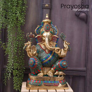 Brass Ganesha Statue with Mosaic Stonework: Ideal for Home, Office, and Gifts