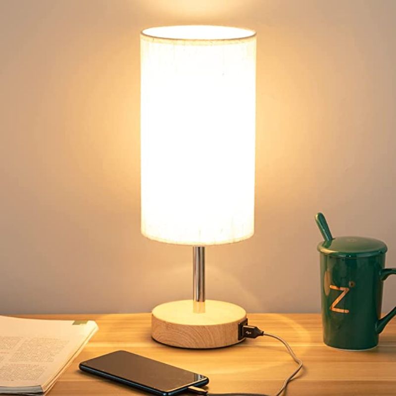 Lamp With USB Port Touch Control Table Lamp For Bedroom Wood 3 Way Dimmable Nightstand Lamp With Round Flaxen Fabric Shade For Living Room, Dorm, Home Office