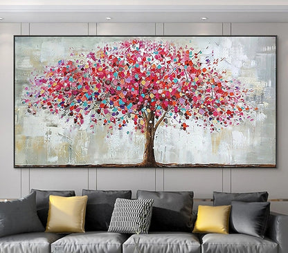 Tree Pink Abstract Hand Painted Wall Decor Art Poster Ocean Seaside Thick Gray And Black Oil Painting Simple Design Wall Art, Unframed.