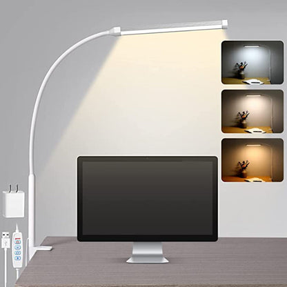 LED Desk Lamp With Lamp, Eye-Caring Clip On Lights For Home Office, 3 Modes 10 Brightness, Long Flexible Gooseneck, Metal, Swing Arm Architect Task Table Lamps With USB Adapter, White