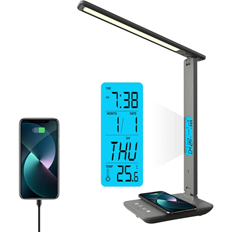 Desk Lamp, LED Desk Lamp With Wireless Charger, USB Charging Port, Table Lamp With Clock, Alarm, Date, Temperature, Office Lamp, Desk Lamps For Home Office