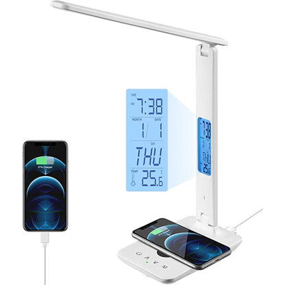 Desk Lamp, LED Desk Lamp With Wireless Charger, USB Charging Port, Table Lamp With Clock, Alarm, Date, Temperature, Office Lamp, Desk Lamps For Home Office