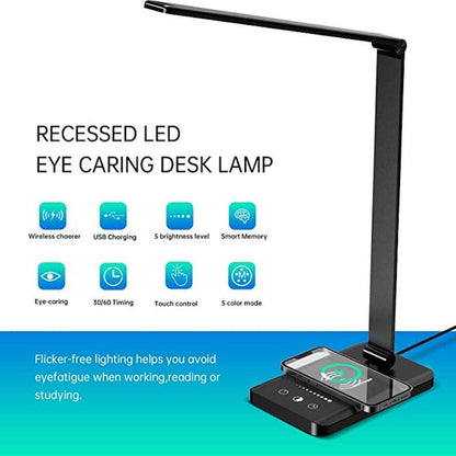 LED Desk Lamp with USB Charging Port, Dimmable Eye-Caring Reading Desk Light for Home, with 5 Brightness Level & 3 Lighting Modes, Touch Control, Auto Timer (Black)