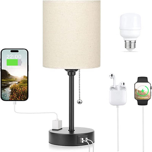 Small Bedroom Lamps 3 Color Temperatures - 2700K 3500K 5000K Bedside Lamps With USB C And A Ports, Pull Chain Table Lamps With AC Outlet, White Nightstand Lamps With Black Metal Base For Kids Reading