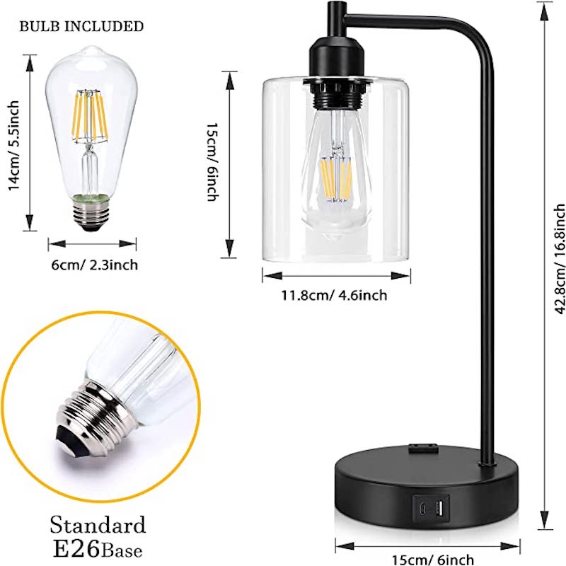 Industrial Bedside Table Lamp Set of 2,3-Way Dimmable Lamps For Bedroom Modern USB Nightstand Lamp With Glass Shade Reading Table Lamps for Dorm, Office (LED Bulb Included)