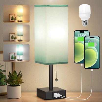 Table Lamp With 3 Levels Brightness 2700/3500/5000K Nightstand Lamp With USB A Ports, Small Lamp With 3 Color Modes By Pull Chain, Bedroom Lamp With LED Bulb