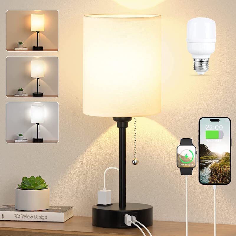 Small Bedroom Lamps 3 Color Temperatures - 2700K 3500K 5000K Bedside Lamps With USB C And A Ports, Pull Chain Table Lamps With AC Outlet, White Nightstand Lamps With Black Metal Base For Kids Reading