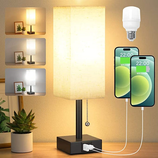 Table Lamp With 3 Levels Brightness 2700/3500/5000K Nightstand Lamp With USB A Ports, Small Lamp With 3 Color Modes By Pull Chain, Bedroom Lamp With LED Bulb