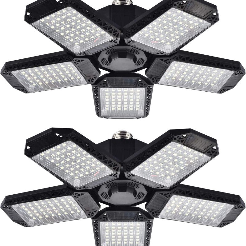 2 Pack LED Garage Lights, 120W Deformable LED Garage Ceiling Lights with 5 Adjustable Panels, 12000LM E26 LED Shop Lights for Garage, Basement, Barn, High Bay Light (2 Pack)