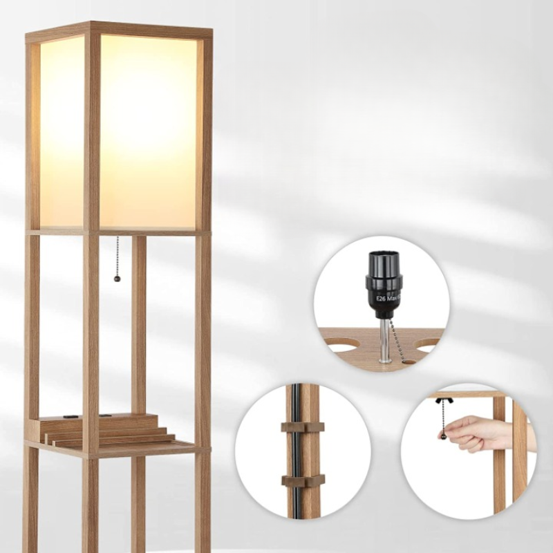 Shelf Floor Lamp With 2 USB Ports And 1 Power Outlet, 3-Tiered LED Shelf Floor Lamp, Shelf & Storage & LED Floor Lamp Combination, Modern Standing Light For Living Room, Bedroom