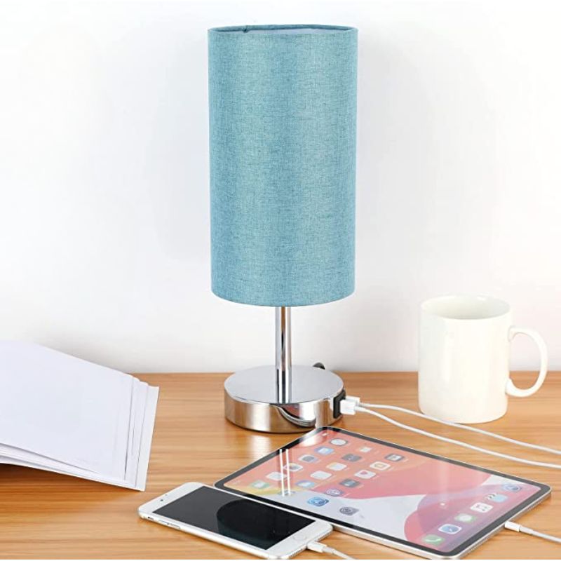 Lamp With USB Port Touch Control Table Lamp For Bedroom Wood 3 Way Dimmable Nightstand Lamp With Round Flaxen Fabric Shade For Living Room, Dorm, Home Office