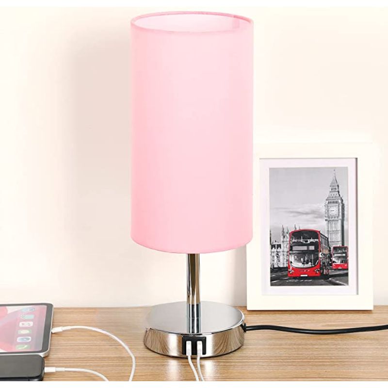 Lamp With USB Port Touch Control Table Lamp For Bedroom Wood 3 Way Dimmable Nightstand Lamp With Round Flaxen Fabric Shade For Living Room, Dorm, Home Office