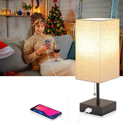 Table Lamp, Pull Chain Table Lamp With 2 USB Charging Ports, 2700K LED Bulb, Fabric Linen Lampshade, Nightstand Lamp For Livingroom Bedroom Office Reading Working