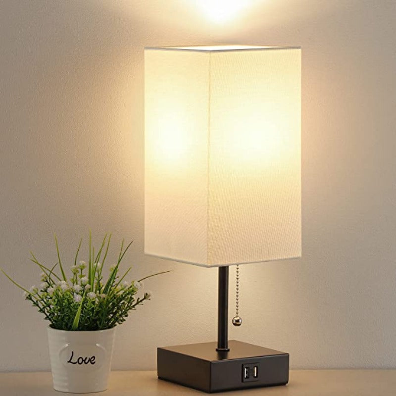 Table Lamp, Pull Chain Table Lamp With 2 USB Charging Ports, 2700K LED Bulb, Fabric Linen Lampshade, Nightstand Lamp For Livingroom Bedroom Office Reading Working