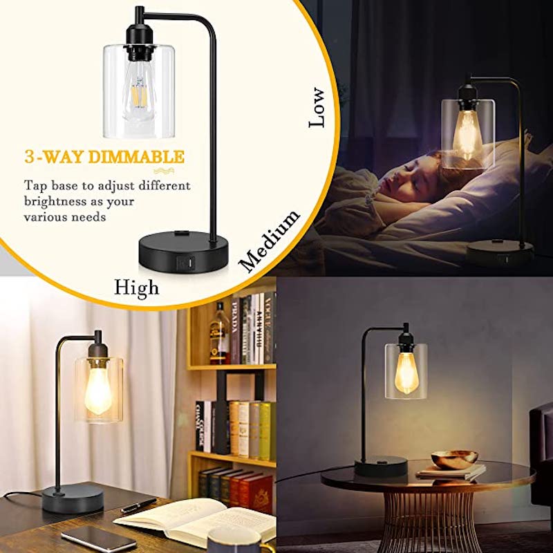 Industrial Bedside Table Lamp Set of 2,3-Way Dimmable Lamps For Bedroom Modern USB Nightstand Lamp With Glass Shade Reading Table Lamps for Dorm, Office (LED Bulb Included)