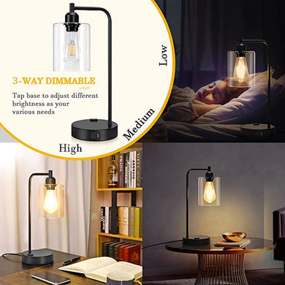 Industrial Bedside Table Lamp Set of 2,3-Way Dimmable Lamps For Bedroom Modern USB Nightstand Lamp With Glass Shade Reading Table Lamps for Dorm, Office (LED Bulb Included)