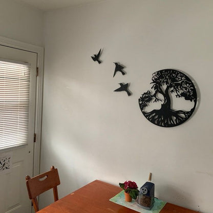 Flock of Flying Birds on Tree Metal Wall Art