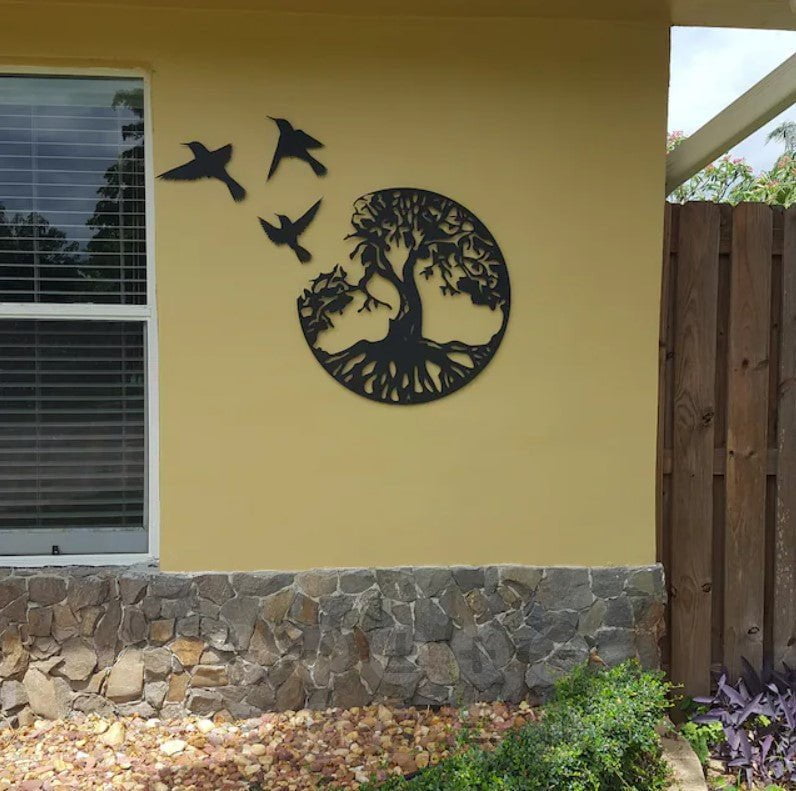 Flock of Flying Birds on Tree Metal Wall Art