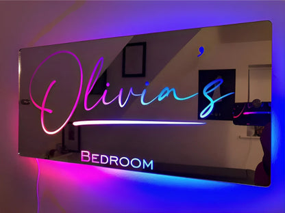 Personalized Handmade LED Illuminated Mirror Sign Light Up Bedroom Name Display