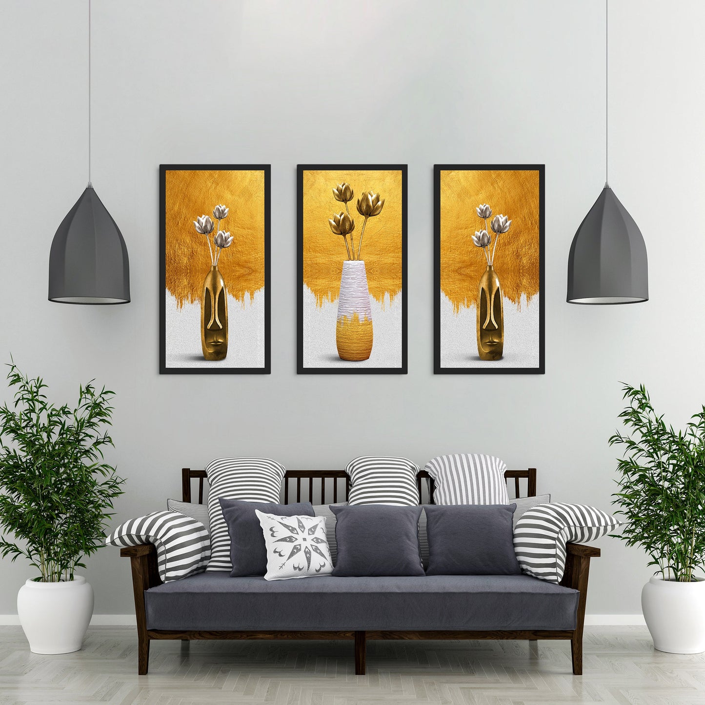 Gold Flower Vase Triptych Canvas Art