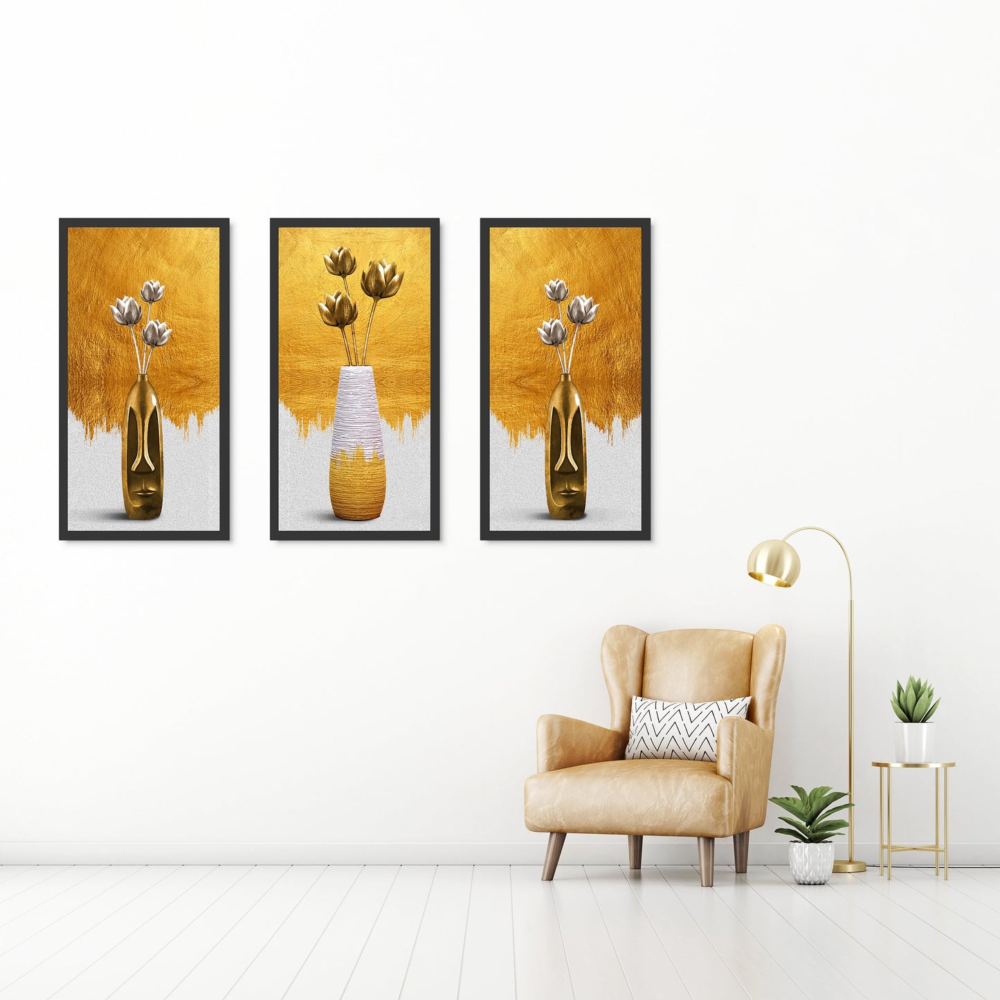 Gold Flower Vase Triptych Canvas Art