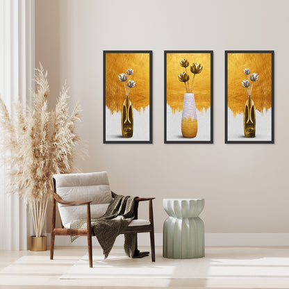 Gold Flower Vase Triptych Canvas Art