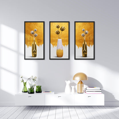 Gold Flower Vase Triptych Canvas Art