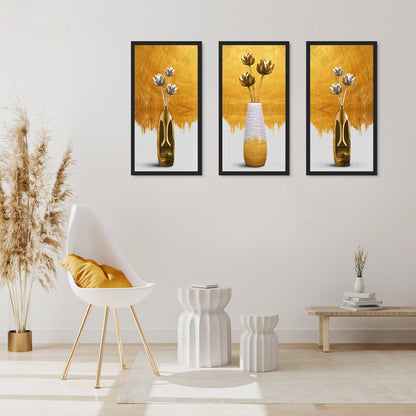 Gold Flower Vase Triptych Canvas Art