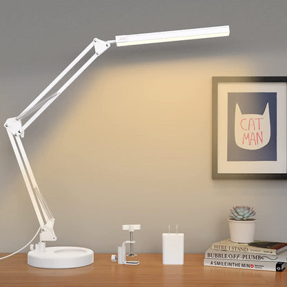 LED Desk Lamp with Clamp And Round Base, Eye Caring Table Lamp With Swing Arm, 3 Color Modes 10 Brightness Levels, Memory Function Bedside Lamp, White Desk Light For Home Office With USB Adapter