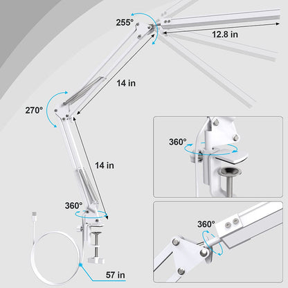 LED Desk Lamp with Clamp And Round Base, Eye Caring Table Lamp With Swing Arm, 3 Color Modes 10 Brightness Levels, Memory Function Bedside Lamp, White Desk Light For Home Office With USB Adapter
