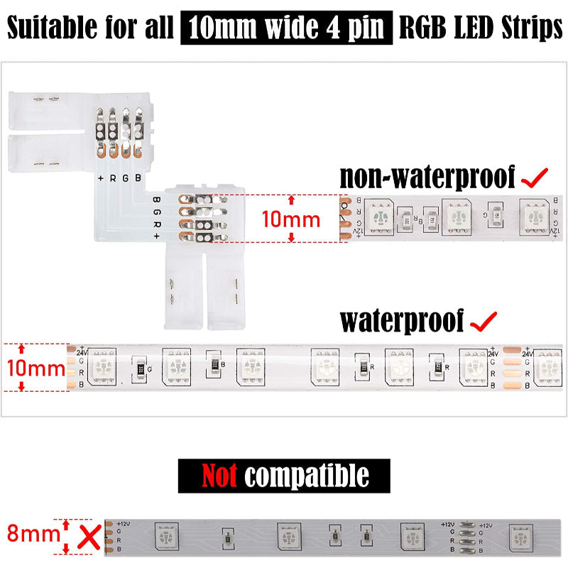 L Shape 4-Pin LED Connectors 10-Pack 10mm Wide Right Angle Corner Connectors Solderless Adapter Connector Terminal Extension With 22pcs Clips For 3528/5050 Smd Rgb 4 Conductor LED Light Strips