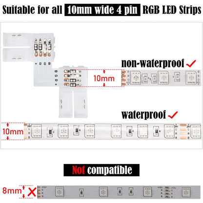 L Shape 4-Pin LED Connectors 10-Pack 10mm Wide Right Angle Corner Connectors Solderless Adapter Connector Terminal Extension With 22pcs Clips For 3528/5050 Smd Rgb 4 Conductor LED Light Strips