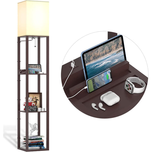 Floor Lamp With Shelves, Shelf Floor Lamps By Real Solid Wood With 2 Charging Ports And 1 Power Outlet, Floor Lamps For Bedrooms, Lamps For Living Room